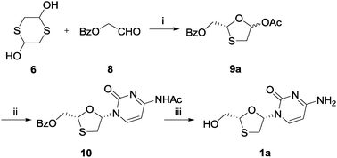 Synthesis of lamivudine (1a) using STS: (i) phenyl acetate, STS, TEA, THF, 4 °C, 89%; (ii) silylated N4-acetylcytosine, TMSI, MeCN, 0 °C, 51%; (iii) K2CO3, MeOH, rt, 89%.