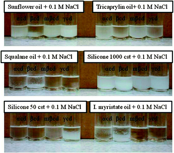 Optical images of emulsions prepared from different oils and 0.1 M NaCl aqueous solution in the presence of four different types of cyclodextrin (α-CD, β-CD, methyl-β-CD, γ-CD). The images show the phase separation 3 days after the emulsion preparation.