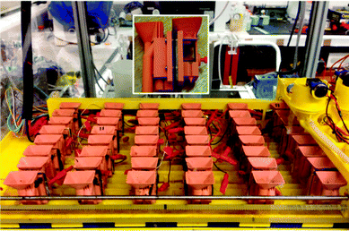 MFC stack consisting of 24 small (6.25 mL) units, as assembled for running EcoBot-IV. The yellow motorised gantry system shown on the right is part of the automatic feeding mechanism for uniform MFC maintenance. The inset shows a close-up of a single Nanocure® MFC, with the open to air cathode shown on the right hand side. The small red screw provides pressure control for better electrode-to-membrane contact.