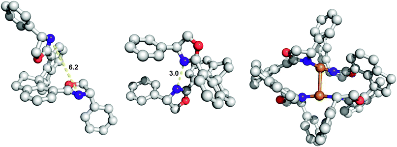 Right: lowest energy conformer for the Zhou ligand (MM2 minimization). Middle: oxazole rotomers that would be required for bidentate chelation to copper. Right: crystal structure of the bimetallic complex determined by Zhou.