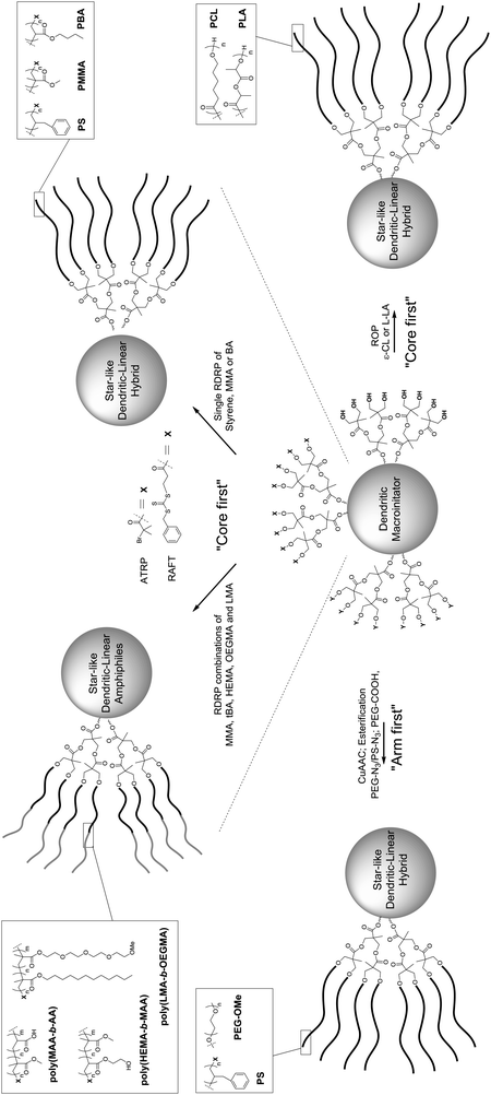 Overall strategies described in the literature for the construction of star-like dendritic-linear hybrids based on bis-MPA.