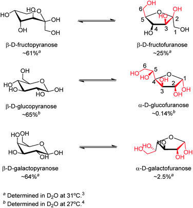 Equilibria between the dominant form (left) and the form that contains a syn-periplanar anomeric hydroxyl pair (right) of d-fructose (top), d-glucose (middle) and d-galactose (bottom).3–5 Potential boronic acid binding sites are highlighted in red. Positions for hydroxyl groups are numbered in β-d-fructofuranose and α-d-glucofuranose.