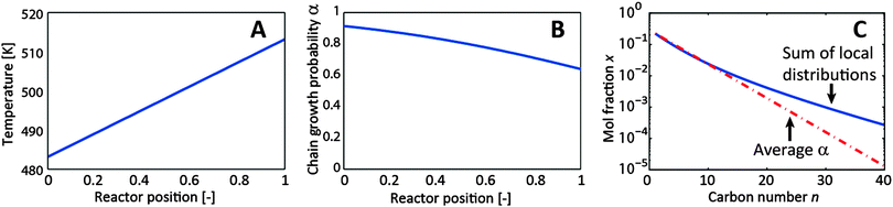 Results of the 1-D reactor with the imposed linear temperature gradient. (A) Temperature profile in the reactor, (B) gradient in chain growth probability, (C) resulting product distributions calculated from local concentrations and from average α.