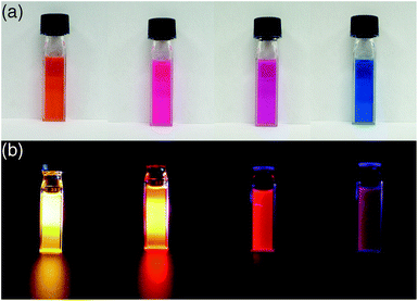 Photographs of hexane solutions of 2a–d (from left to right) under irradiation by (a) ambient light and (b) UV light. The photographs are reproduced from ref. 15 with permission from John Wiley and Sons.