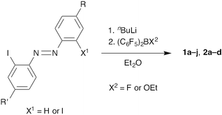 Synthesis of 2-borylazobenzenes 1a–j and 2,2′-diborylazobenzenes 2a–d.