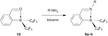 Synthesis of the aromatic aldimines 9a–h. Substituent R is shown in Table 3.