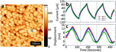 (a) AFM topography (3 μm × 3 μm) of the CDC surface in RTIL, the marks indicate the surface locations that correspond to the charge/discharge/strain cycles in (b and c), (b) potentiostatically controlled cyclic voltammogram (plotted as current versus time) at 50 mV s−1; three consecutive cycles for each of the three surface locations indicated with symbols in (a), and (c) strain response measured during the cyclic voltammetry tests (legend symbols are the same as in (a)).