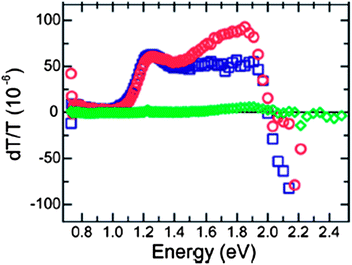 PIA spectra from P3HT blends with PbSe (green diamonds), PCBM (red circles), and CdSe (blue squares). No polaronic features are observed for P3HT:PbSe blends. This indicates little charge carrier generation, explaining the poor device efficiency for polymer:PbSe blends. Reproduced with permission from ref. 45, Copyright 2009, American Chemical Society.