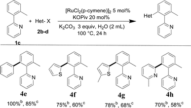 Selective monoarylation of 2-o-tolylpyridine with (hetero)arylhalides in water. (a) Reaction conditions: 0.5 mmol of 2-o-tolylpyridine, 5 mol% of [RuCl2(p-cymene)]2, 20 mol% of KOPiv, 3 equiv. of K2CO3, 10 μL of tetradecane (internal standard) for GC, 1.25 mmol of aryl(hetero)halide in 2 mL of water. (b) Conversion determined by gas chromatography. (c) Isolated yield.