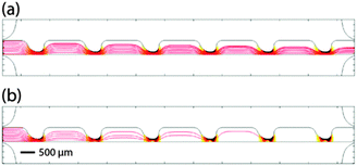 Predicting the particle trajectories at (a) 5 kHz and (b) 20 kHz in red lines for 10 particles. Trajectories appear to diminish down the channel due to a simulation artifact that occurs when trajectories encounter a wall. ▽(E⃑RMS·E⃑RMS) is also presented in the background. Darker areas indicate higher ▽(E⃑RMS·E⃑RMS). The scale bar represents 500 μm.