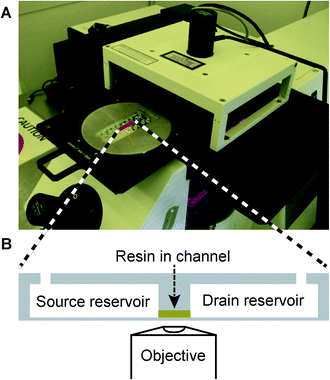 (A) A two-photon polymerization system with a chip mounted in a custom-made aluminum adaptor. (B) Cross section of the chip showing the reservoirs (65 μL) and channel (<1 μL) geometry with the channel loaded with resin (yellow). The thin chip bottom layer is optimized for microscopy with high numerical aperture objectives and is thus ideal for high-resolution 2PP fabrication.