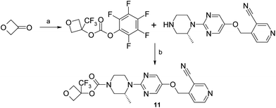 Synthesis of trifluoro-oxetane 11. (a) (i) (nBu)4NF, Si(CH3)3CF3, THF, 20 °C, 2 h; (ii) bis(perfluorophenyl) carbonate, NEt3, CH3CN, 20 °C, 18 h, 83%; (b) NEt3, CHCl3, 110 °C, 30 min, 39%.