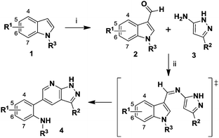The synthetic procedure for heterobiaryl pyrazolo[3,4-b]pyridine derivatives. Reagents and condition: (i) R1,R3-substituted indole, POCl3, DMF, 0 °C, 0.5–2 h; (ii) R2-substituted 3-aminopyrazole, AlCl3, MeOH, 70 °C, 4 h.