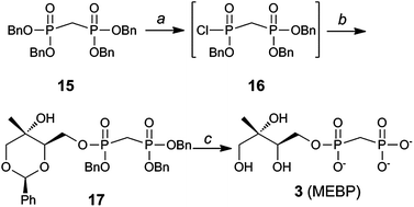 Synthesis of MEBP 3. Conditions: (a) (i) Quinuclidine, toluene, 100 °C, 1 h; (ii) 5% HCl; (iii) (CH3)2CC(Cl)N(CH3)2, CH2Cl2, 40 °C; (b) 8, iPr2NEt, DMAP, 51–65% over 3 steps; (c) H2, Pd/C, MeOH, 70–80 p.s.i., 2.5 h, 66%.