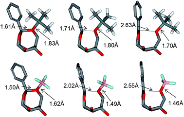 Optimized structures for monomer 1 pathway corresponding to the reactants (left), transitions states (middle) and intermediates (right) for (CH3)3Si+ (top) and BF3 (bottom). Benzyl groups and monomer H atoms have been removed for clarity. Key distances are given. The BF3 based initiator results in a later transition state, closer in structure to the intermediate.