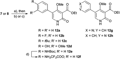 Preparation of differently aryl-substituted pyridones. Reagents and conditions: (a) corresponding boronic acid, K2CO3, 5–10% Pd(PPh3)4, glyme–H2O–DMF 9 : 1 : 0.5, 60 °C, 16 h; (b) TBAF, THF, 60 °C, 9 h; (c) 2 equiv. TFA, DCM, 5 min; (d) 50% TFA in DCM, 10 min.