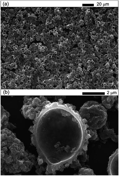 (a) Low and (b) high magnification scanning electron microscopy images of a dried sample of fragmented silica shells produced by templating yeast cells followed by ultrasonic treatment and bleaching of the cells with Piranha solution.