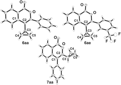 Molecular structures of isocoumarins 6aa, 6ae and 7aa in the crystal13 (numbering does not correspond to the IUPAC rules).