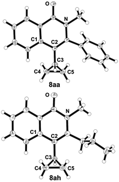 Molecular structures of isoquinolones 8aa and 8ah in the crystal13 (numbering does not correspond to the IUPAC rules).