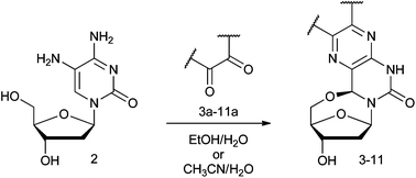 General reaction scheme for synthesis of 5′–6-locked nucleosides. Detailed structures of diketones are shown in ESI (Fig. S1) and of the product in Fig. 2. The yields of the reaction are listed in Table 1.