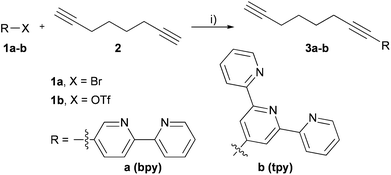 Synthesis of ligand building blocks. Reagents and conditions: (i) Pd(PPh3)2Cl2 (5 mol%), CuI (5 mol%), Et3N (10 equiv.), THF, 3 h, yields: 66% (3a); 75% (3b).