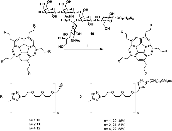 Synthesis of the GM1os-functionalized PEG-corannulenes. (i) Cu nanoparticles, H2O, microwave, 80 °C, 2 h.