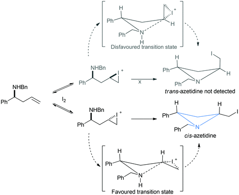 Proposed transition state argument for the cis-selectivity observed in the iodine mediated cyclisation of homoallyl amines.