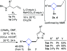 Synthesis of triazole appended azetidines 7 in ∼50% yield over three steps.