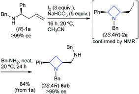 Non-racemic synthesis of amino azetidine (2S,4R)-6ab in 84% yield.