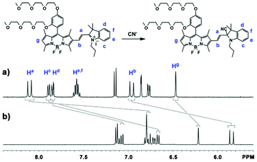 
          1H NMR spectra of probe 1 (10 mM) in the absence (a) and presence (b) of cyanide ions (one equivalent) in DMSO-d6 solution at room temperature.