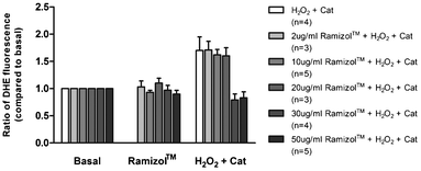 Concentration-dependent effect of Ramizol™ on hydrogen peroxide-induced increase in superoxide generation in cardiac myocytes(n = number of cardiac myocytes).
