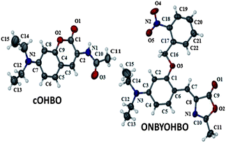 Molecular structure of cOHBO and ONBYOHBO. Thermal ellipsoids were drawn at the 50% probability level.
