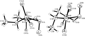 Molecular structure of the two conformers of the rac-(1R,SS)-4b enantiomers found in the single crystal (thermal ellipsoids are shown with 30% probability; for clarity only the ipso-carbons of aryl ring at B and P are shown).
