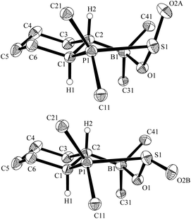 View of the molecular structures of the pair of diastereomers of the FLP-SO2 adduct 6 in the crystal (top 75%, bottom: 25%) (thermal ellipsoids are shown with 30% probability; For clarity only the ipso-carbons of aryl ring at B and P are shown).