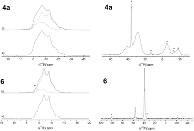 Left: 11B{1H} MAS NMR spectra of 4a and 6 (a) acquired at 7.1 T and 11.7 T, respectively, with their corresponding line shape simulations (b). Right: 31P{1H} CP MAS spectrum of 4a acquired at 7.1 T and 31P{1H} MAS NMR spectrum of 6 acquired at 9.4 T. * mark spinning sidebands, + impurities.