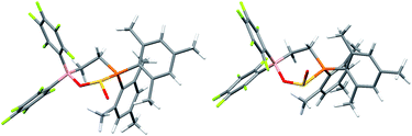The DFT calculated [B]–O–(O)S–[P] isomers of compound 4a: (a) with Oexocycl. equatorial and (b) with Oexocycl. axial (color code: C grey, P orange, B purple, S yellow, O red, F green, H white).
