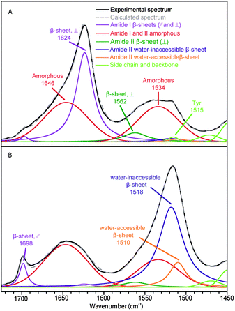 Spectral decomposition of the ATR infrared spectra of B. mori silk. (A) Fiber perpendicular to the fiber axis. (B) Fiber parallel to the fiber axis.