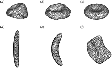 RBC shape evolution for different triangulation strategies (a–c). Reproduced from ref. 15. Simulated sickle RBC with elongated shape (d), classical sickle shape (e), and granular shape (f). Adapted from ref. 44 with permission from Elsevier.