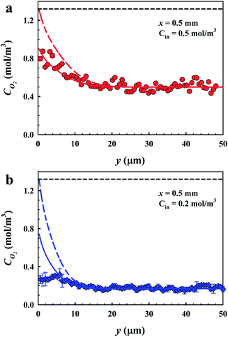 Experimental and numerical local dissolved oxygen profiles. (a) When the inlet oxygen concentration is 0.5 mol m−3. Here Re = 2.2. (b) When the inlet oxygen concentration is 0.2 mol m−3. Here Re = 4. In (a and b), symbols represent the experimental results obtained by FLIM, the colored solid lines represent the numerical results solved with SRT, and the colored dashed lines represent the numerical results solved using Henry's law. Here H = 50 μm, θ = 2° ± 1° and φ = 0.54. The black dashed lines depict the equilibrium saturation value of oxygen in water.