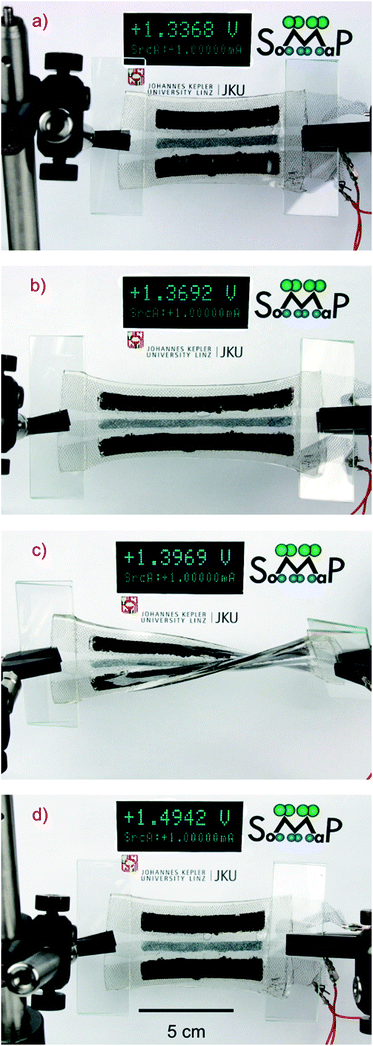 Photos of the accumulator in different stretch states during charging with a constant current of 1 mA. (a) Unstretched accumulator, (b) stretched accumulator to more than 50% strain, (c) simultaneous stretch and twist by more than 90° of the accumulator and (d) return to the unstretched state.