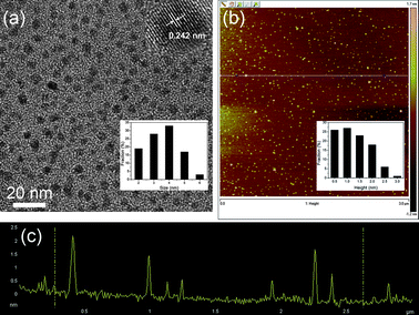 (a) TEM image of N-GQDs. Inset of (a): HRTEM image and size distribution of N-GQDs (inset). (b) AFM image of N-GQDs, inset image is height distribution of GQDs. (c) Height profile of N-GQDs corresponding to the AFM image.