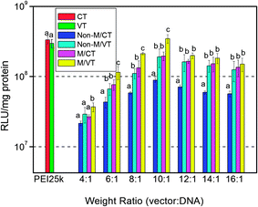 
            In vitro gene transfection efficiency of the MNPs@PMEO2MA50-PDMAEMA150/pDNA complexes in comparison with that of PEI25k at various weight complexing ratios in COS-7 cells cultured in the DMEM containing 10% FBS. Non-M: without a magnetic field; M: magnetic field; VT: variable temperature; CT: constant temperature. Results are presented as the mean ± SD in triplicate. The same letters labeled in the figure indicate there is no significant difference; different letters indicate significant difference among the experimental groups. P < 0.05.