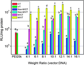 
            In vitro gene transfection efficiency of the MNPs@PMEO2MA50-PDMAEMA150/pDNA complexes in comparison with that of PEI25k at various weight complexing ratios in HepG-2 cells cultured in the DMEM containing 10% FBS. Non-M: without a magnetic field; M: magnetic field; VT: variable temperature; CT: constant temperature. Results are presented as the mean ± SD in triplicate. The same letters labeled in the figure indicate there is no significant difference; different letters indicate significant difference among the experimental groups. P < 0.05.