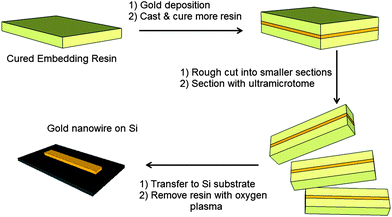 A schematic of the fabrication of a gold nanowire by nanoskiving.