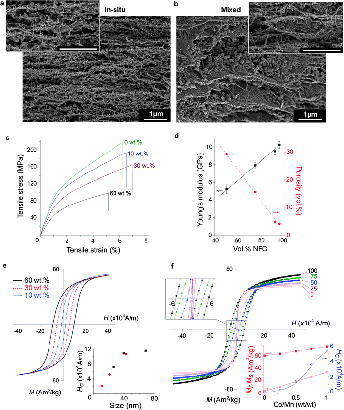 Structure and properties of hybrid nanocomposite magnetic membranes, all scale bars 1 μm. (a) and (b), SEM micrographs of membranes: (a) 90° cross-sections showing homogeneous particle distribution from decorated nanofibrils. (b) 45° cross-sections with particle aggregation in micron sized pockets (inset – 90°) between inter-condensed fibrils from the mixing of the two separate compounds. (c) Stress–strain curves of magnetic membranes prepared from decorated nanofibrils. (d) Young's modulus and porosity as a function of volume fraction of cellulose nanofibrils. (e) Hysteresis loops for membranes made of nanofibrils decorated with different amount of CoFe2O4 nanoparticles; inset: the coercivity related to the size of nanoparticles (red circles: in situ, black squares: separate precipitation). (f) Hysteresis loops for membranes with different ratios of hybrid nanofibrils decorated with “hard” CoFe2O4 and “soft” MnFe2O4 nanoparticles from their suspensions – 100 refers to membranes obtained from solely CoFe2O4 functional fibrils, whereas 0 represents membranes composed solely of MnFe2O4 hybrid nanofibrils. Lower-right inset shows remanent, saturation magnetization and coercivity evolving with the material composition (experimental data points), and their accurate predictions (continuous lines).