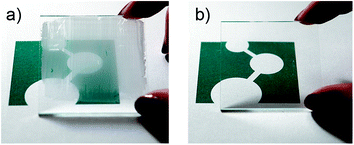 Optical quality of PVDF thin films. The photographs show the logo of the Max Planck Institute for Polymer Research as seen through thin films of PVDF. The 1 μm thick films were deposited on glass substrates at room temperature at a relative humidity of (a) 60% and (b) 0%. At low humidity an optically clear, dense, smooth film is obtained. At high relative humidity the film has a cloudy appearance. The film is porous with a roughness that is comparable to the film thickness.