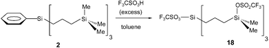 Acidolytic cleavage of the core phenyl-Si group in 2 and conversion of the SiMe3 end groups into SiMe2(OTf) groups in the presence of a large excess of triflic acid.