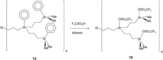 Acidolytic cleavage of the phenyl-Si groups at the branching points and in the periphery of 14 giving the highly reactive triflato-Si derivative 19.