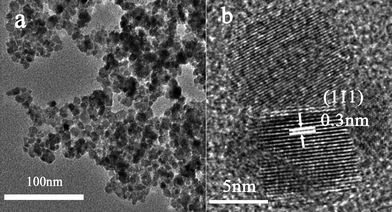 A TEM and a HRTEM image of Mn2+-doped ZnSe QDs.