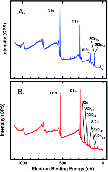 XPS analysis of Si-AIBNSi-AIBN modified glass slides processed according to Scheme 3. (A) Control slide whereas in the process of Scheme 3VDOT was replaced by EDOT (no blue color was seen on the final product); (B) a VDOT-EDOT film as described in Scheme 3.